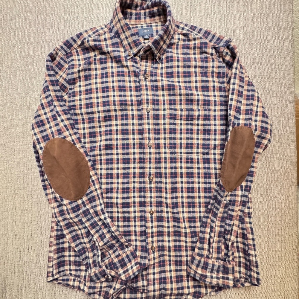 J.Crew Mens Plaid Flannel Button Down Shirt Elbow Patches Blue Orange Size M